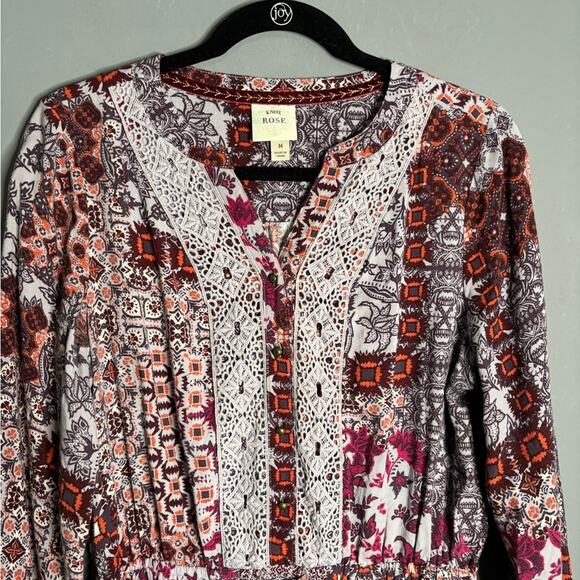 Knox Rose Purple Boho Printed Long Sleeve Dress With Buttons & Drawstring Sz M - Picture 3 of 7